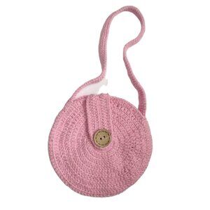 Handmade Crotchet Round Pink Crossbody Purse Metallic Button 12" Boho Hippie